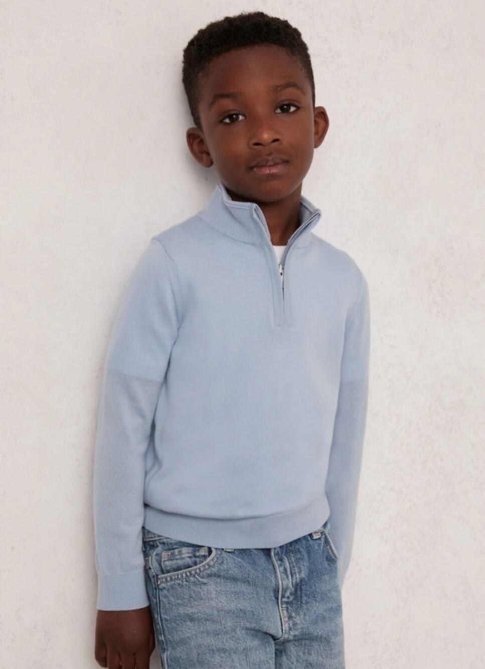 REISS Wool Half-Zip Funnel Neck Jumper in Soft Blue Melange Boys Size 8-9 years